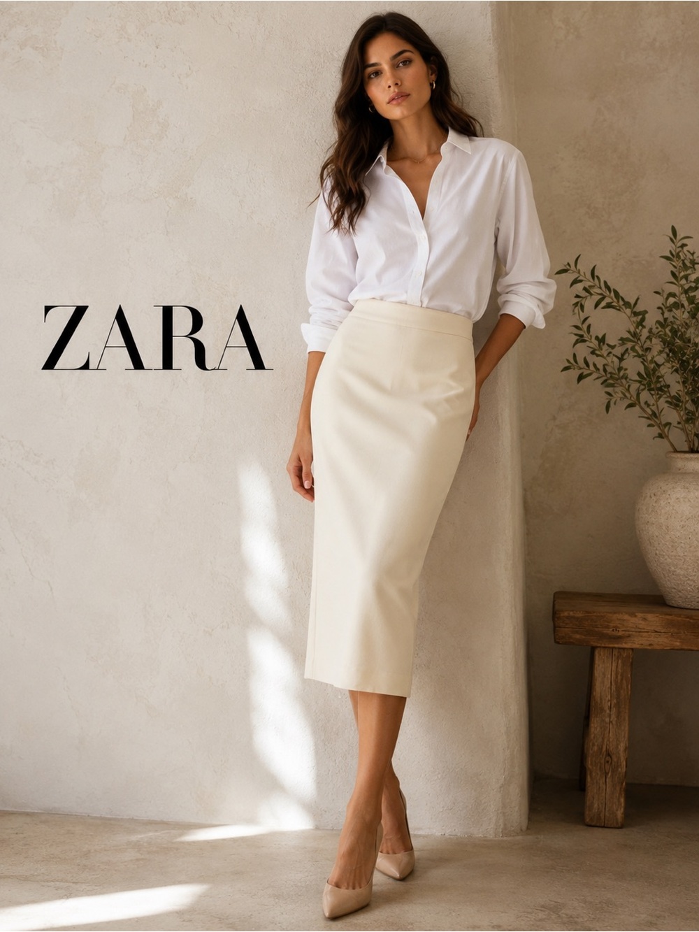 ZARA Cream Midi Pencil Skirt